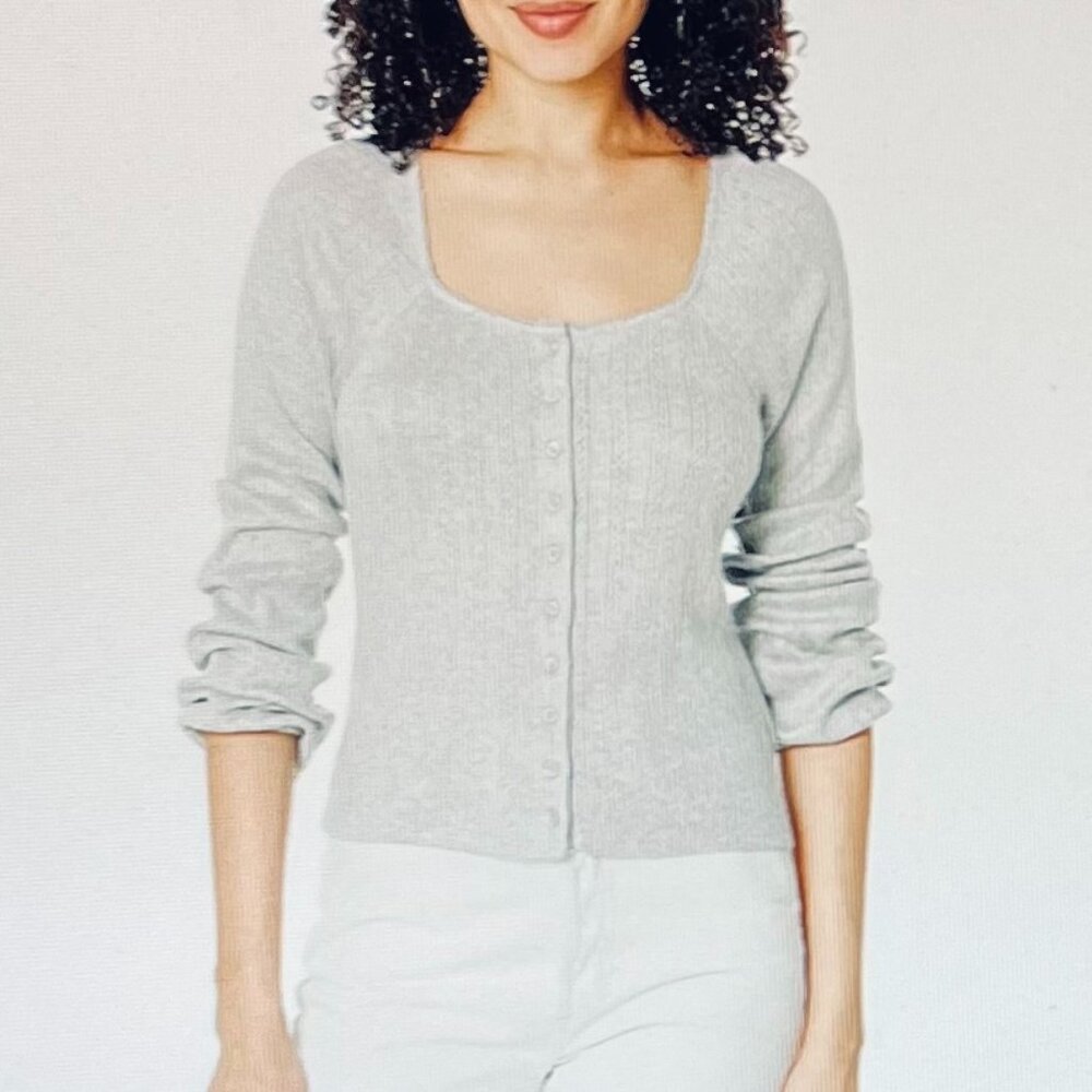 Lucky Brand Square Neck Pointelle Button Front Top in Gray (XS) New with Tag